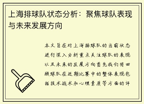 上海排球队状态分析：聚焦球队表现与未来发展方向