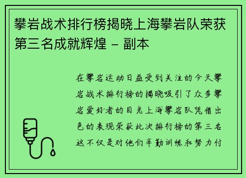 攀岩战术排行榜揭晓上海攀岩队荣获第三名成就辉煌 - 副本