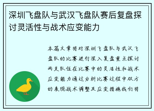 深圳飞盘队与武汉飞盘队赛后复盘探讨灵活性与战术应变能力